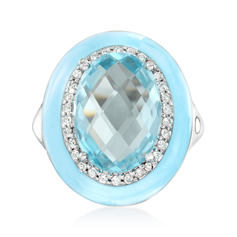 Sterling silver oval sky-blue topaz ring with zircon halo and pastel blue enamel