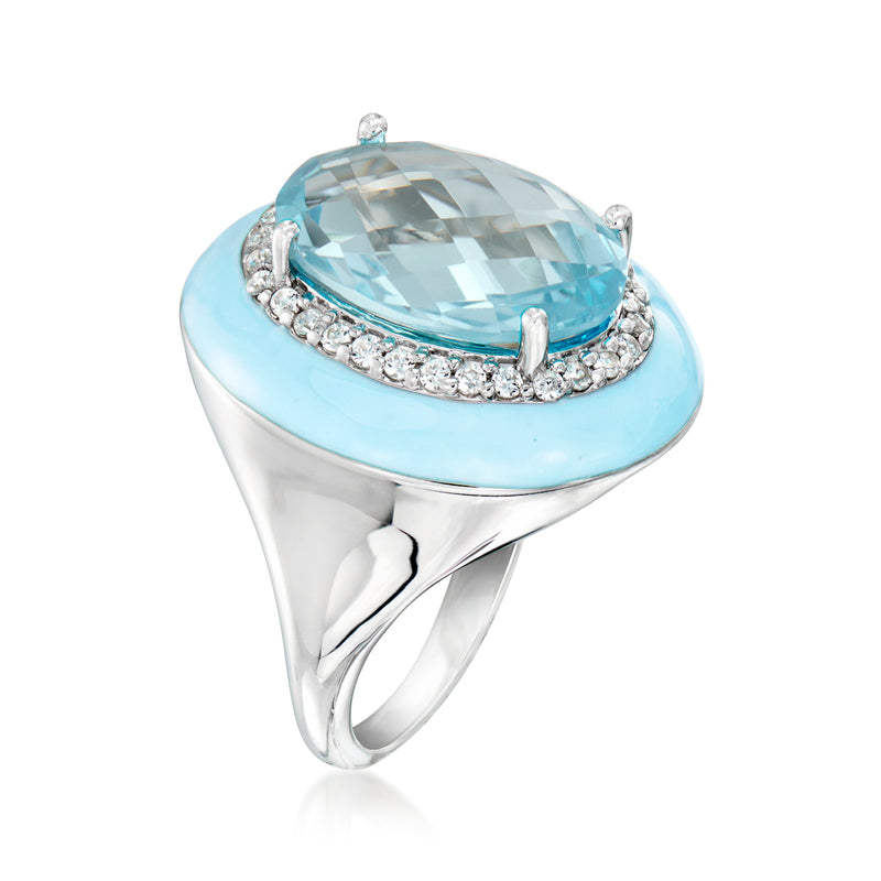 Sterling silver ring with oval sky-blue gemstone, zircon halo, pastel blue enamel top