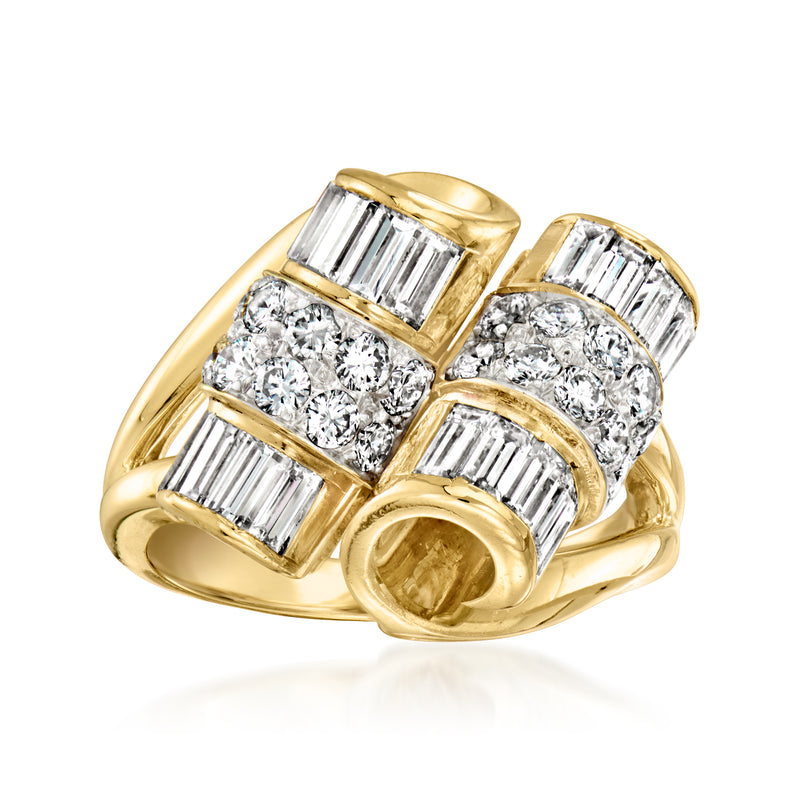 14kt yellow gold diamond scroll ring with baguette and round stones, size 6.5