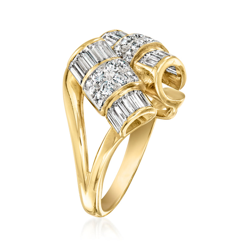 Vintage 14kt yellow gold diamond scroll ring with baguette and round stones