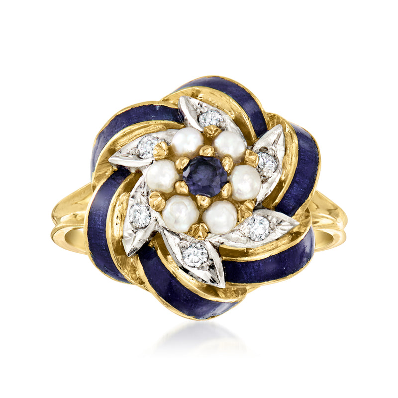 Vintage yellow gold ring with blue enamel, pearls, sapphire swirl and diamond accents