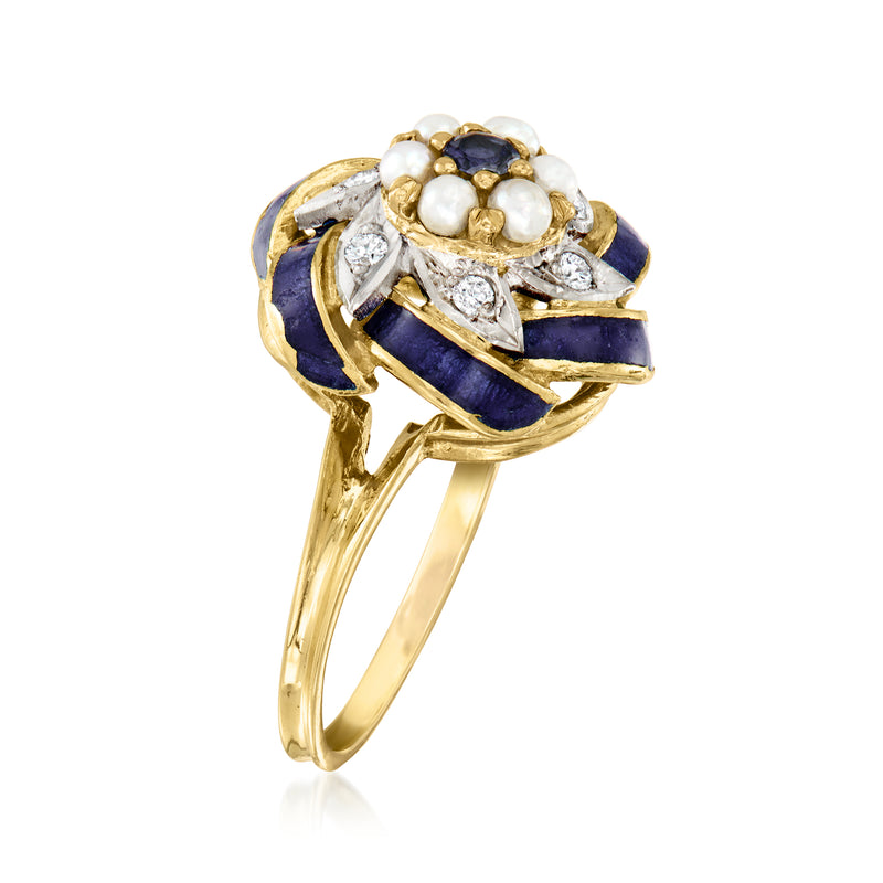 Side view vintage yellow gold ring with blue enamel swirl, pearls, diamonds and sapphires