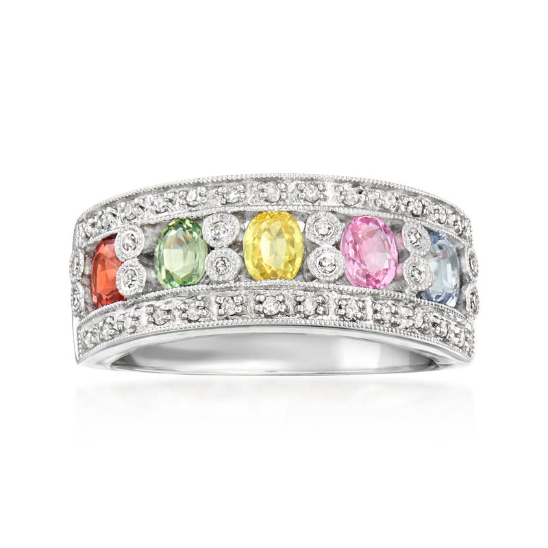 Multicolored sapphire and diamond ring in white gold with five oval gemstones