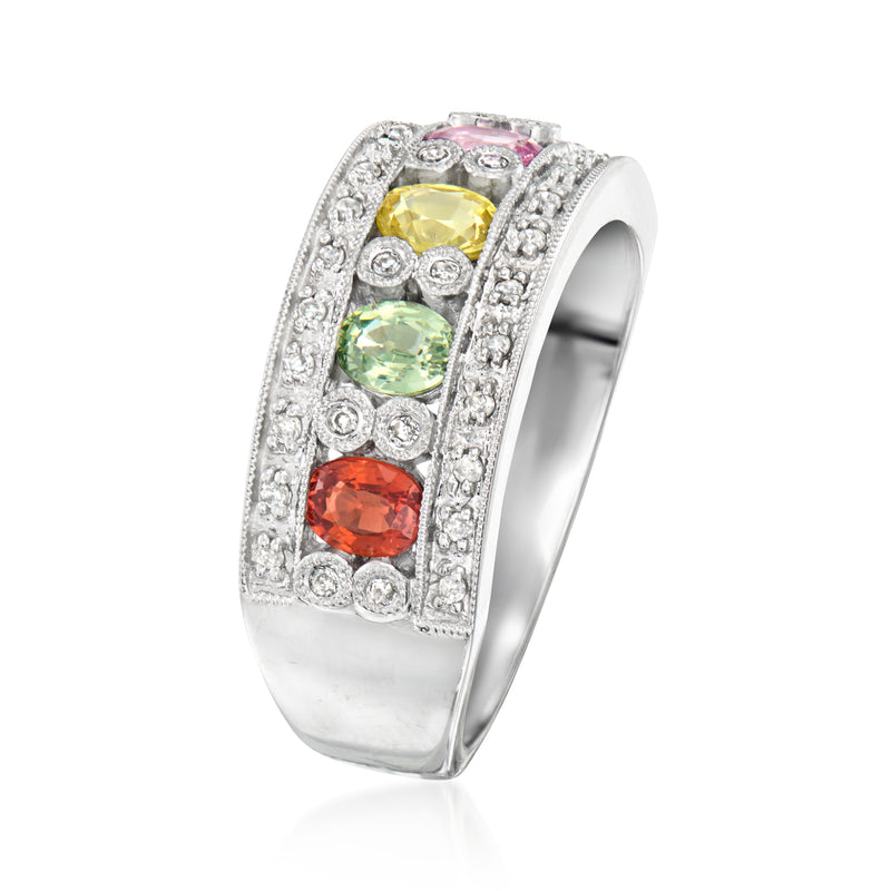 White gold ring featuring square frame with oval multicolored gemstones and diamonds