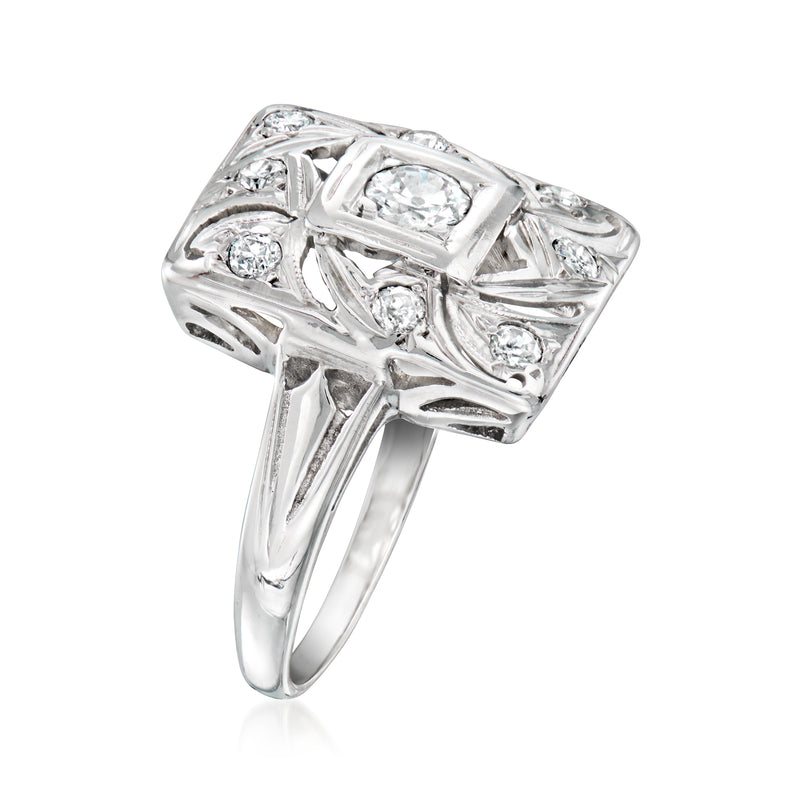 14kt white gold diamond ring with rectangular top cluster and polished openwork sides