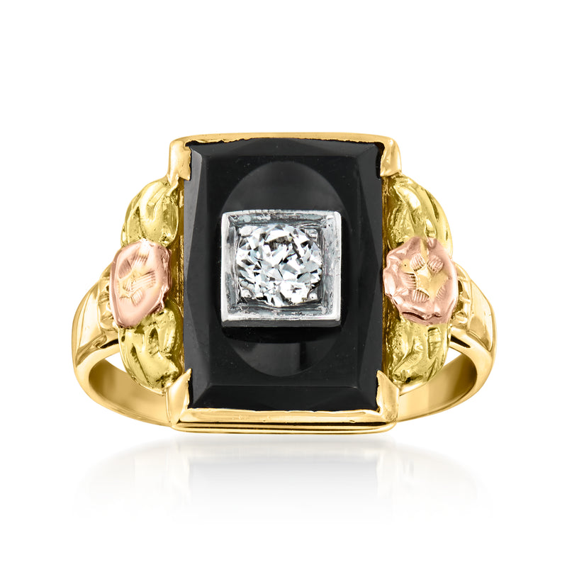 Tri-colored gold vintage ring with square black onyx center and diamond