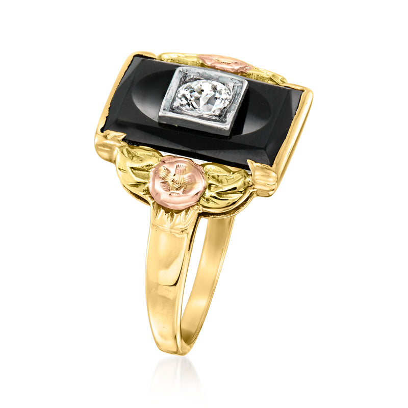 Tri-colored gold ring angled view, square black onyx bezel with diamond