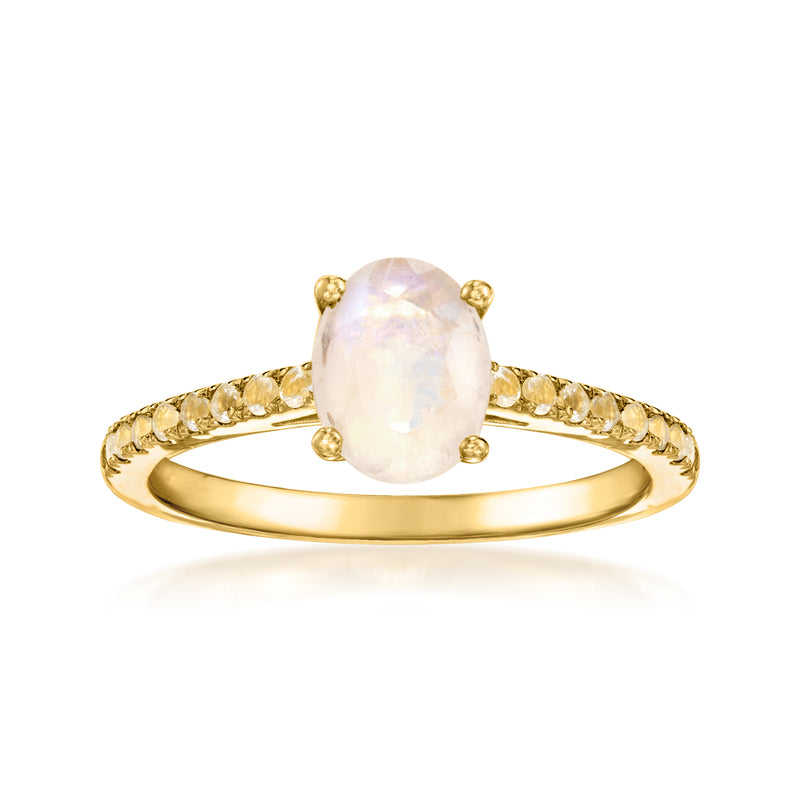 Moonstone ring in gold with oval center stone and pavé band