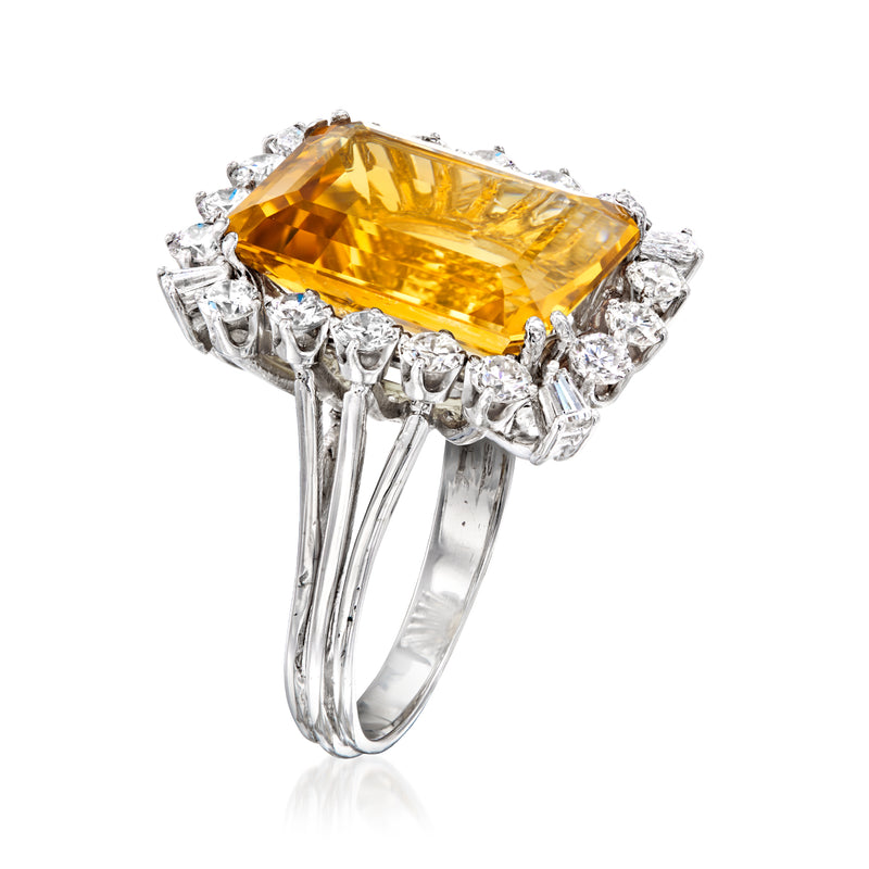 Side view of cushion-cut citrine diamond halo ring with prong-set white stones