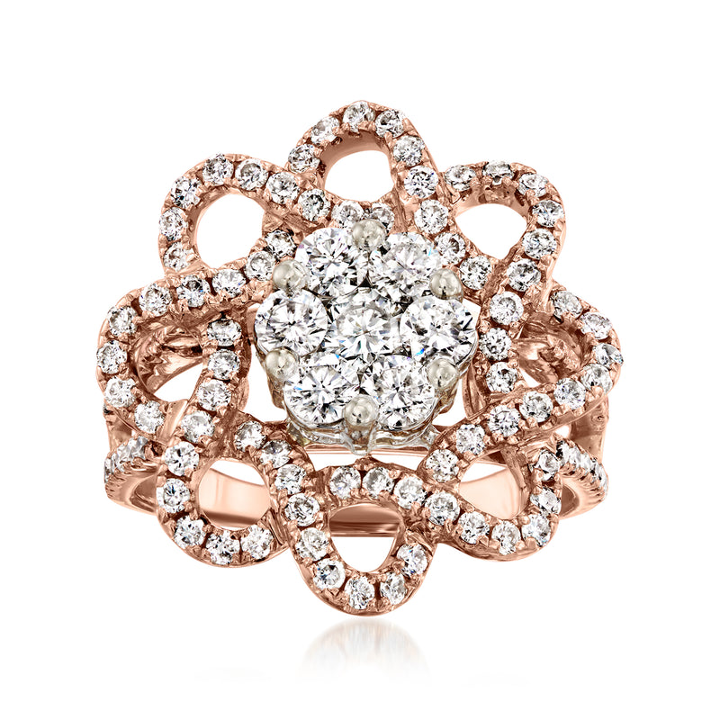 Rose gold diamond flower cluster ring with oval center stone and scalloped halos