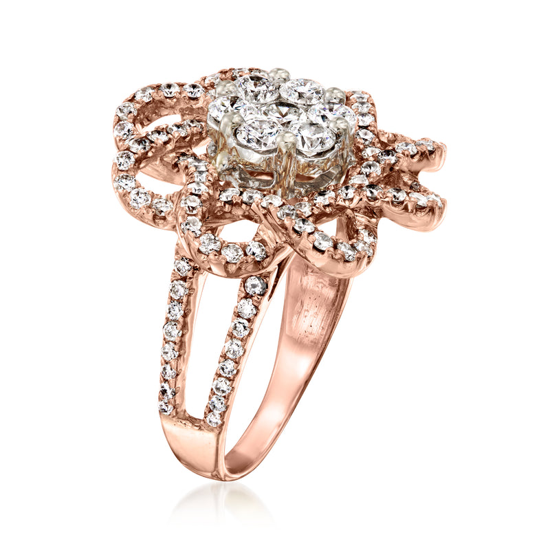 Rose gold diamond flower ring side view with prong-set center and looping petals