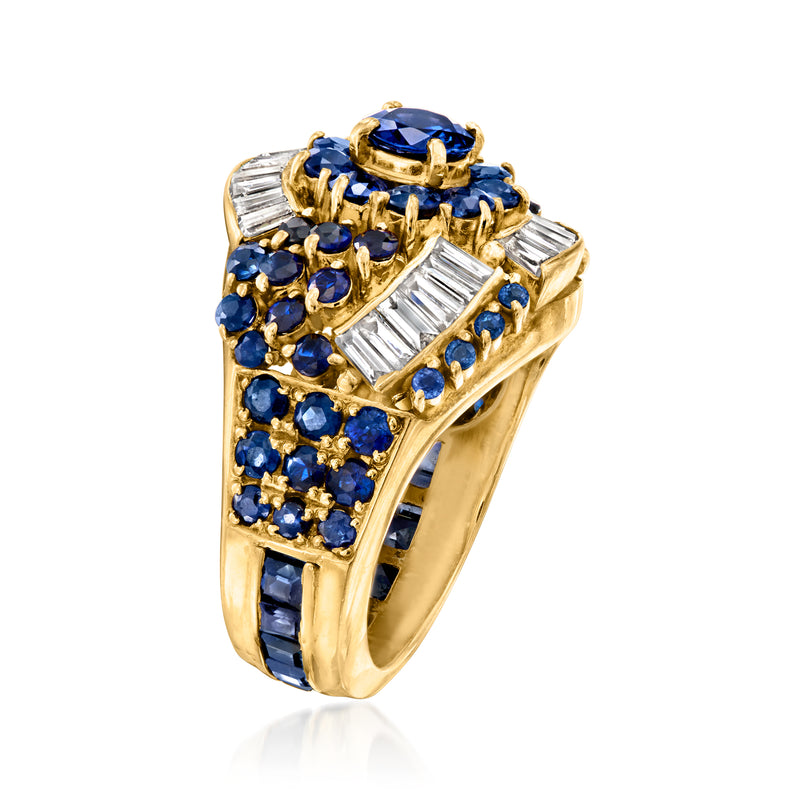 18kt yellow gold ring with blue sapphire clusters and baguette diamond accents, side view