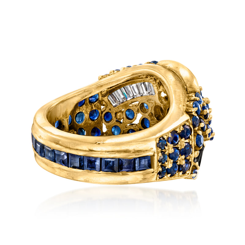 18kt yellow gold ring with channel-set baguette diamonds and blue sapphire stones