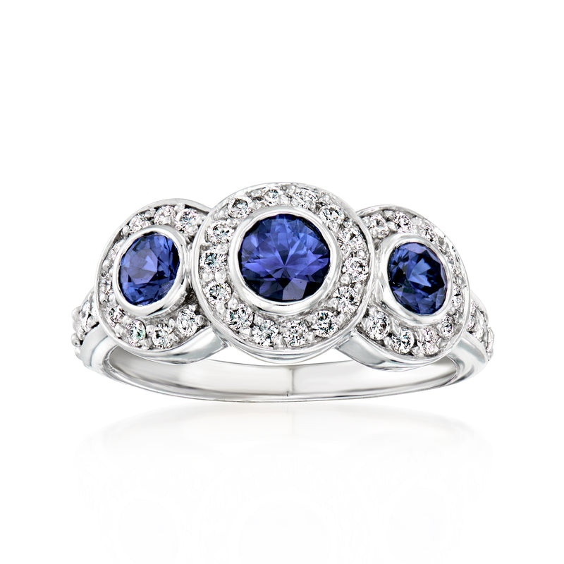 Three-stone oval sapphire and diamond ring in 14kt white gold