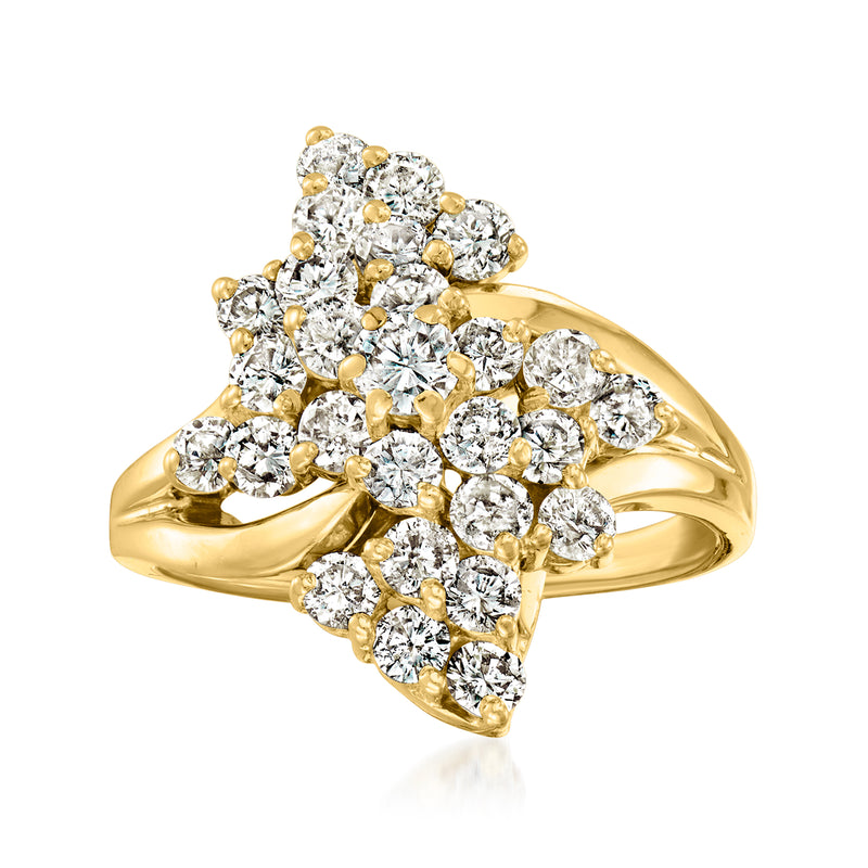 14kt yellow gold diamond cluster ring with many round stones, split-prong setting