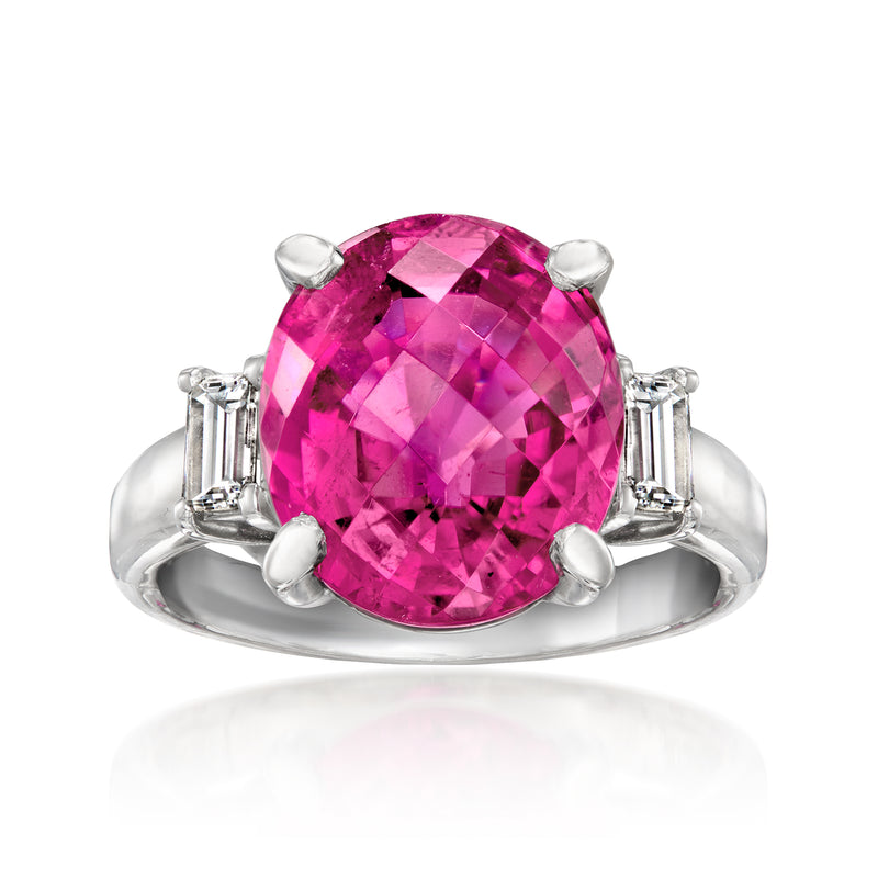 Platinum ring with oval pink tourmaline center and baguette diamond side accents