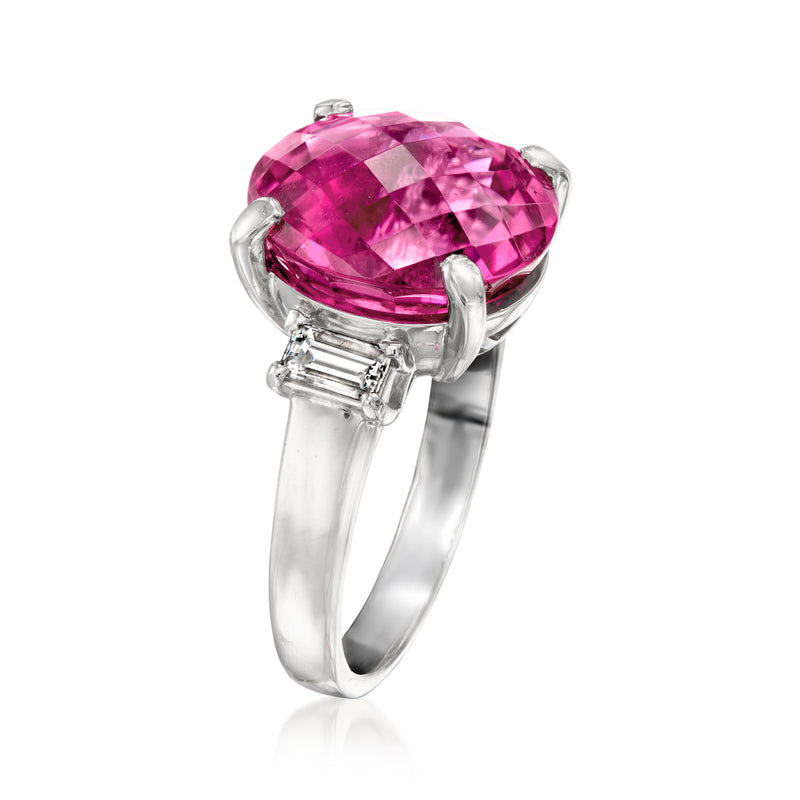 Platinum ring with large oval pink tourmaline and diamond baguette side settings