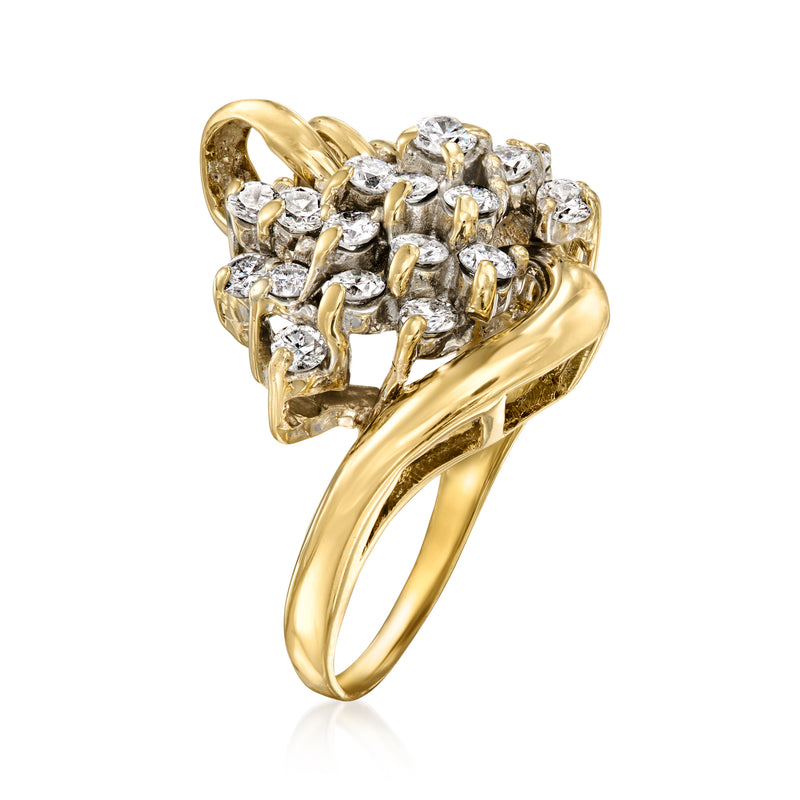 14kt yellow gold diamond cluster ring, side profile with prongs