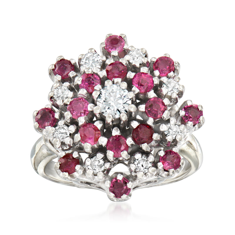 Vintage white gold cluster ring with pink ruby and white diamond accents