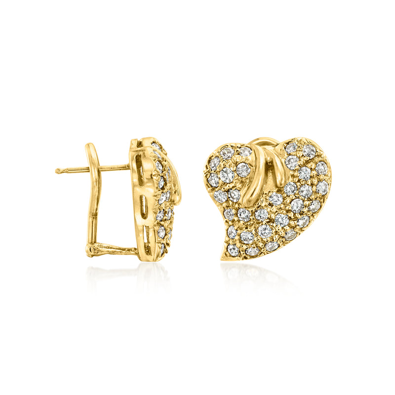 Diamond heart post earrings in 14kt yellow gold, one front and one side view