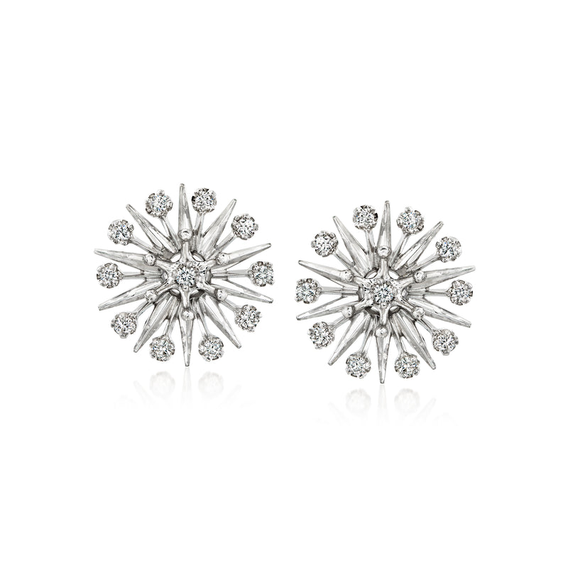 Platinum starburst diamond post earrings with round clustered stones, pair view