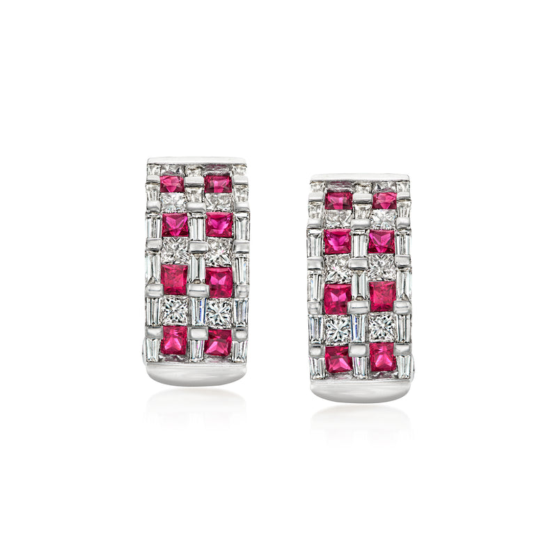 Curved rectangle hoop earrings in 18k white gold with ruby and diamond mosaic studs