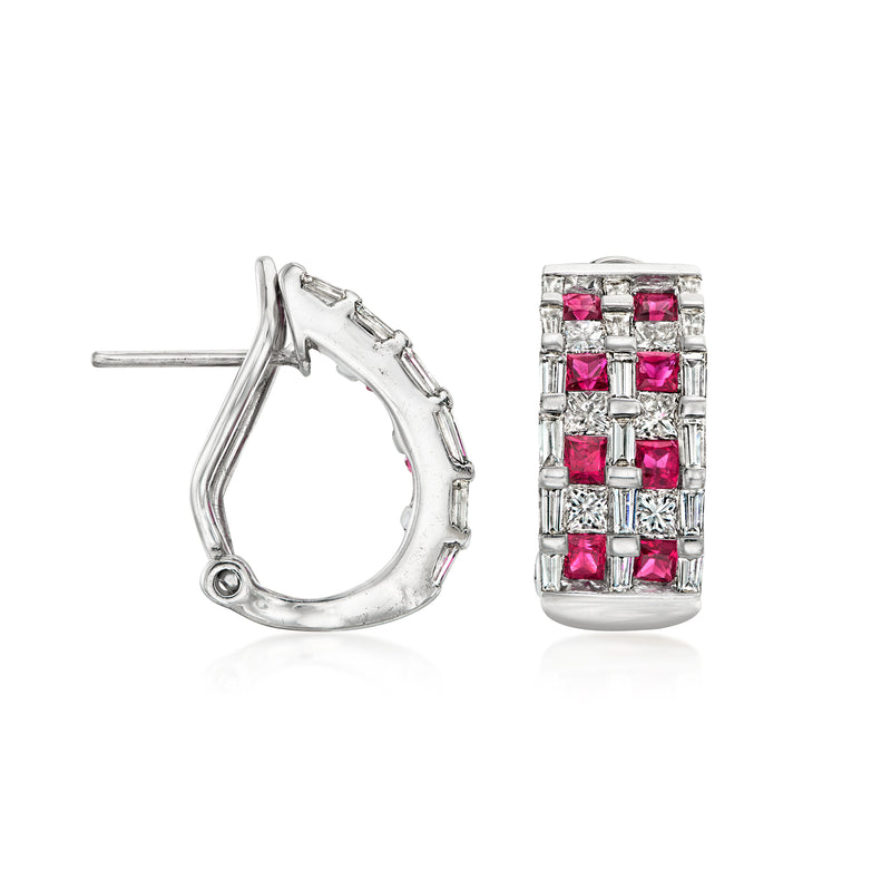 Clip-post earrings with curved frame, ruby and diamond checkerboard in 18k white gold
