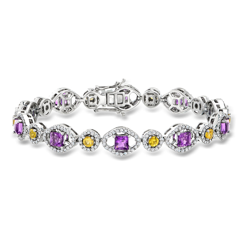 14kt white gold gemstone and diamond link bracelet with purple and yellow oval stones