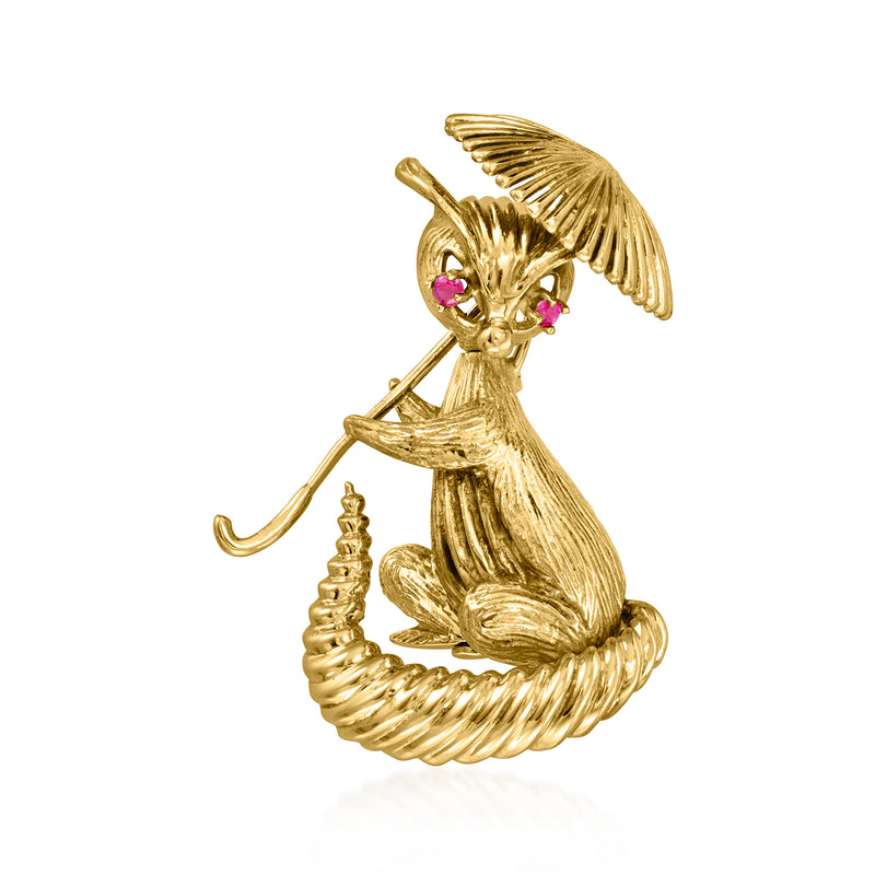 Gold woodland squirrel pin with red ruby eyes and a winged tail detail