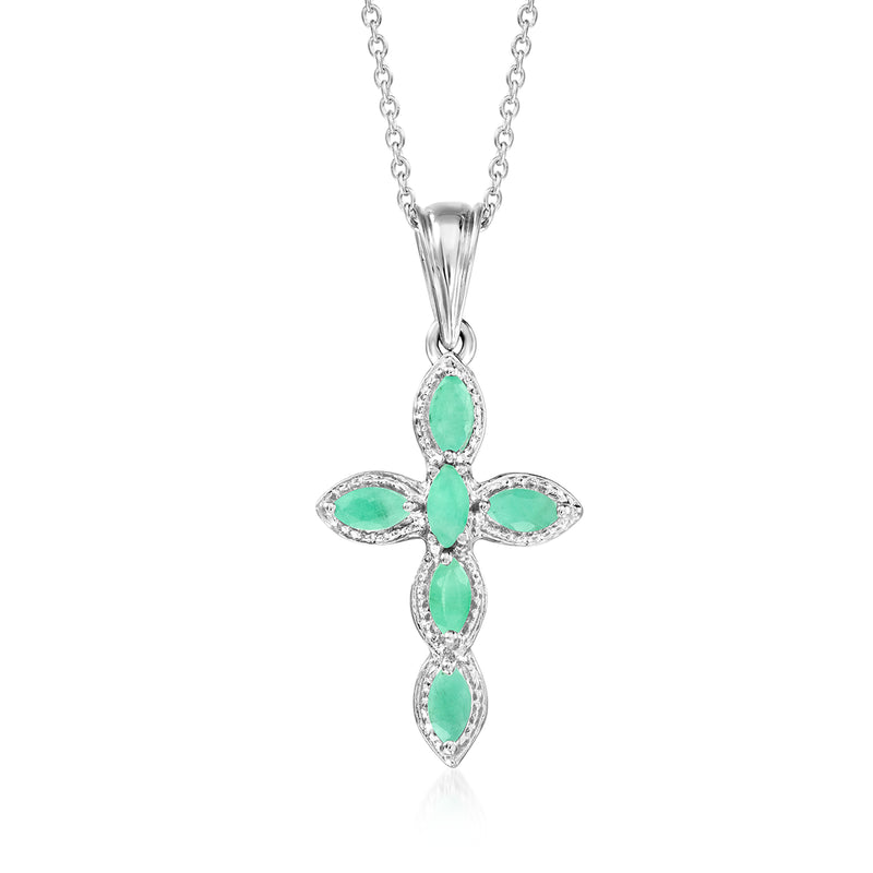 Sterling silver emerald cross pendant necklace with marquise-cut green stones