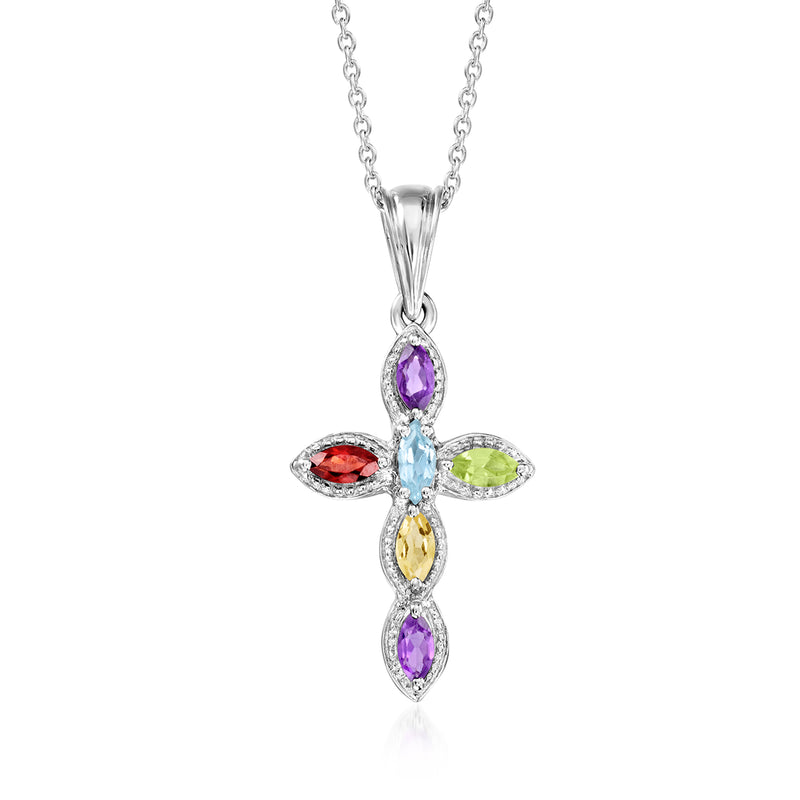 Sterling silver cross pendant necklace with multi-gemstones and halo accents