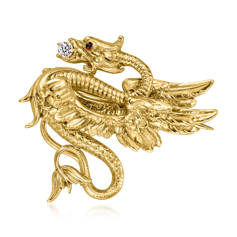 Yellow gold dragon pin with diamond and ruby accents, sculpted wing details