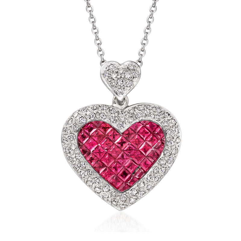 Ruby heart pendant necklace in white gold with diamond-studded halo and chain
