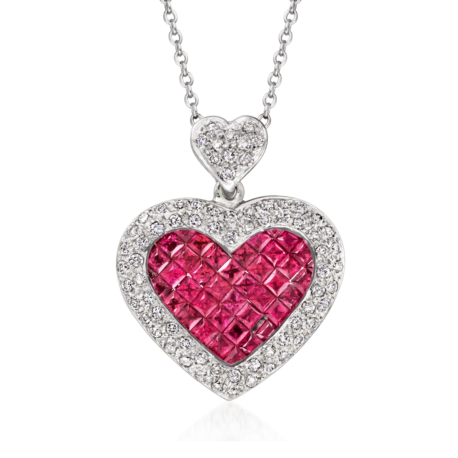 C. 2000 Vintage 2.50 ct. t.w. Ruby and 1.10 ct. t.w. Diamond Heart Pendant Necklace in 18kt White Gold