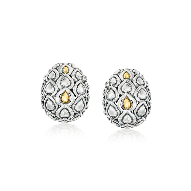 Sterling silver teardrop-pattern stud earrings with yellow gold teardrop accents