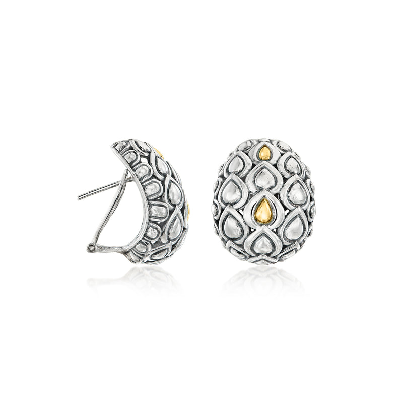 Sterling silver teardrop-pattern clip/post earrings with yellow gold teardrop accents