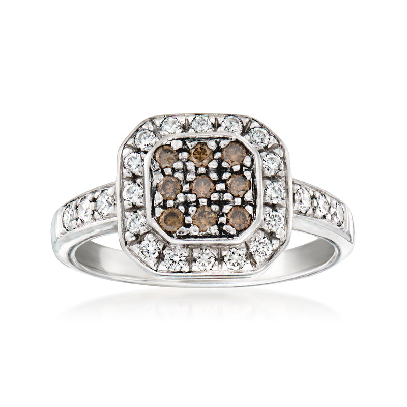 White gold diamond cluster ring with square halo and brown center stones