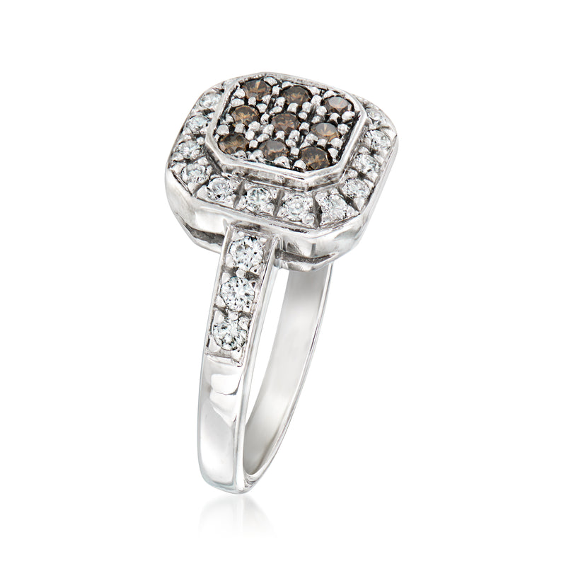 White gold diamond cluster ring with square top and brown center, side view