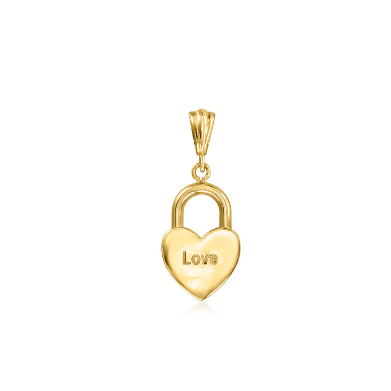 10kt yellow gold heart lock pendant with 'Love' engraving, hanging from bail