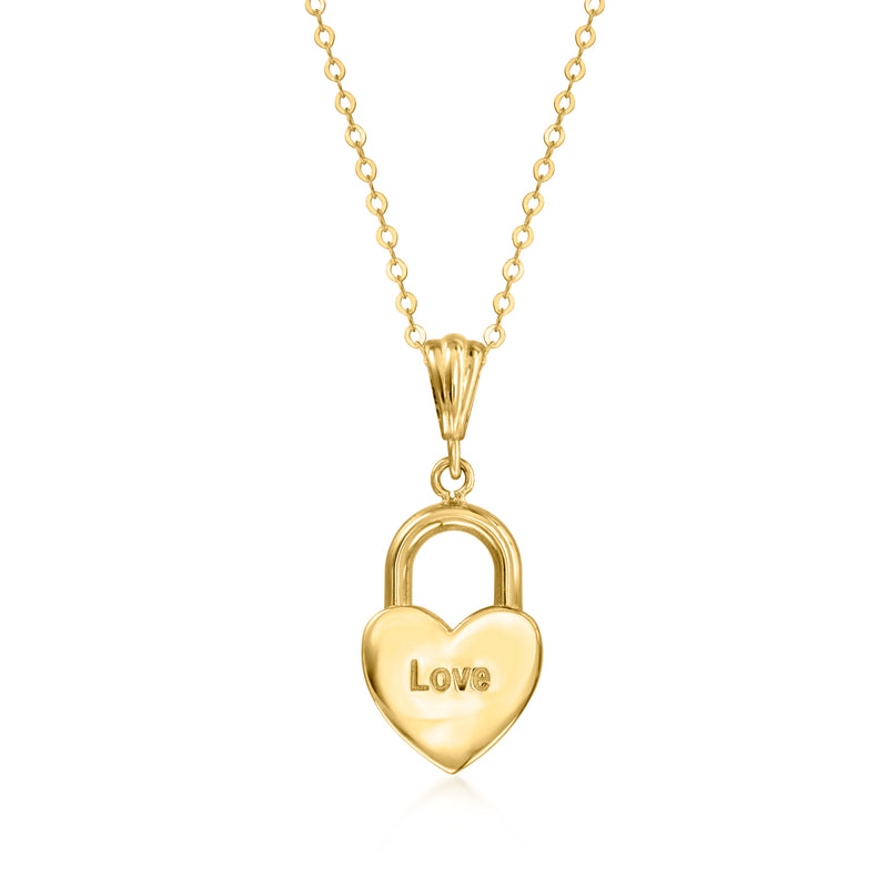 Yellow gold heart lock pendant with 'Love' on heart, suspended on chain