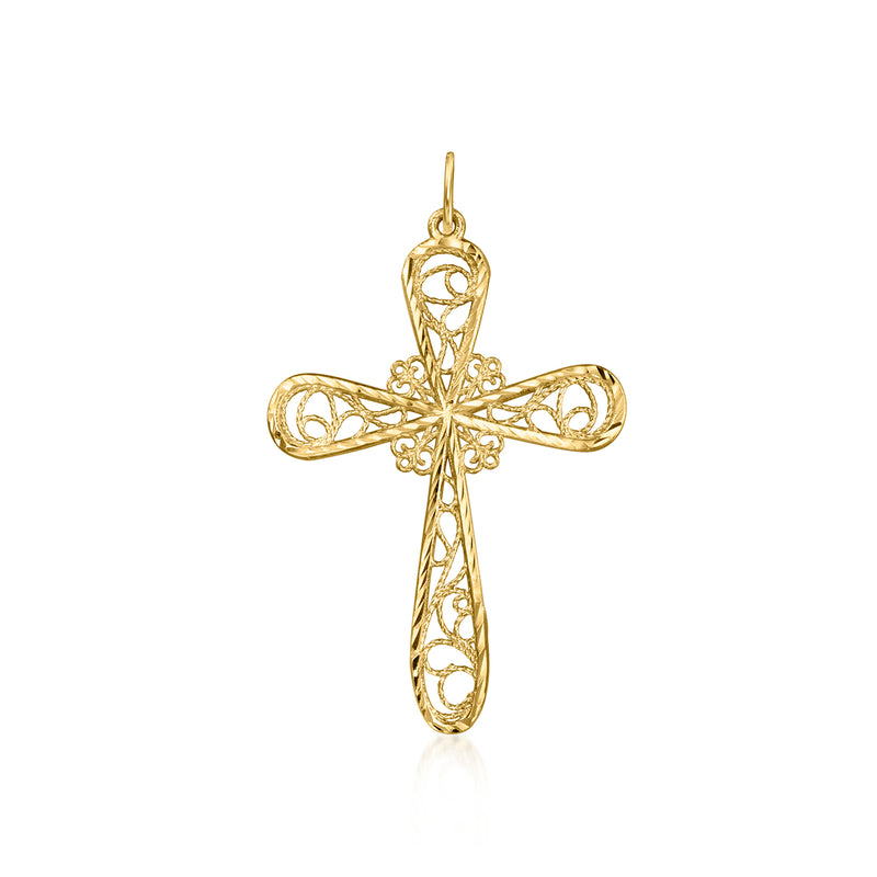 10kt yellow gold filigree cross pendant, loop bail with ornate scrollwork