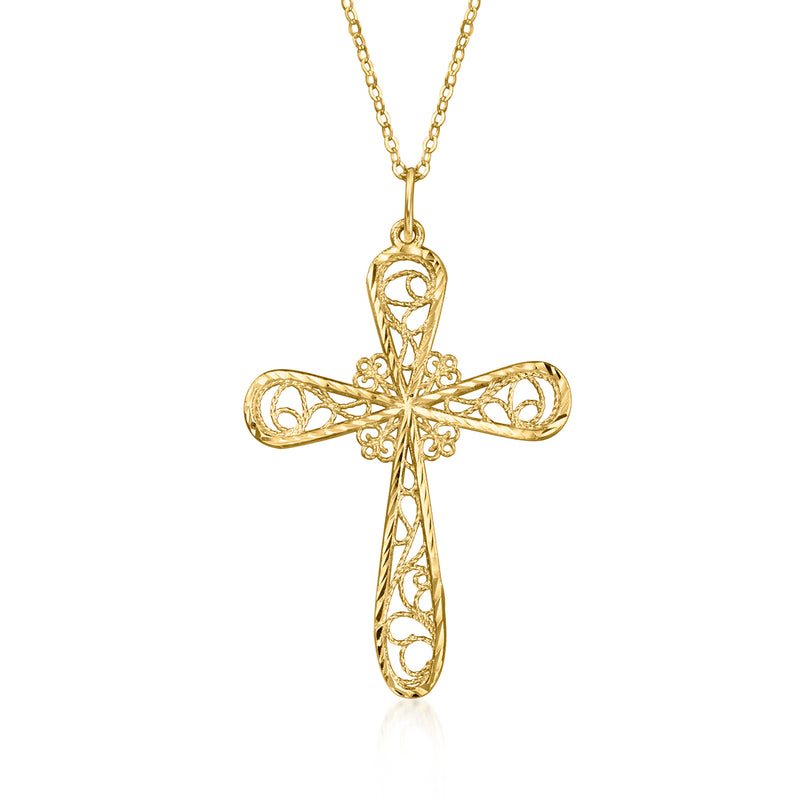 10kt yellow gold filigree cross pendant with full chain, hanging view