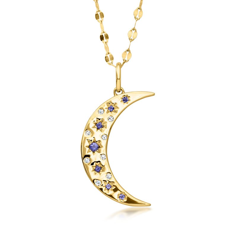 Mother-of-Pearl, .20 ct. t.w. Iolite and .10 ct. t.w. White Topaz Reversible Moon Pendant Necklace in 18kt Gold Over Sterling. 18"