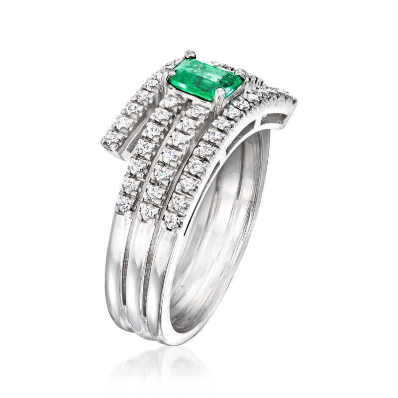 Emerald and diamond multi-row ring, emerald square center, 18kt white gold