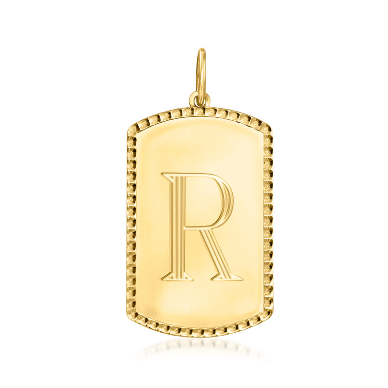 10kt yellow gold dog tag charm with embossed letter R, loop bail