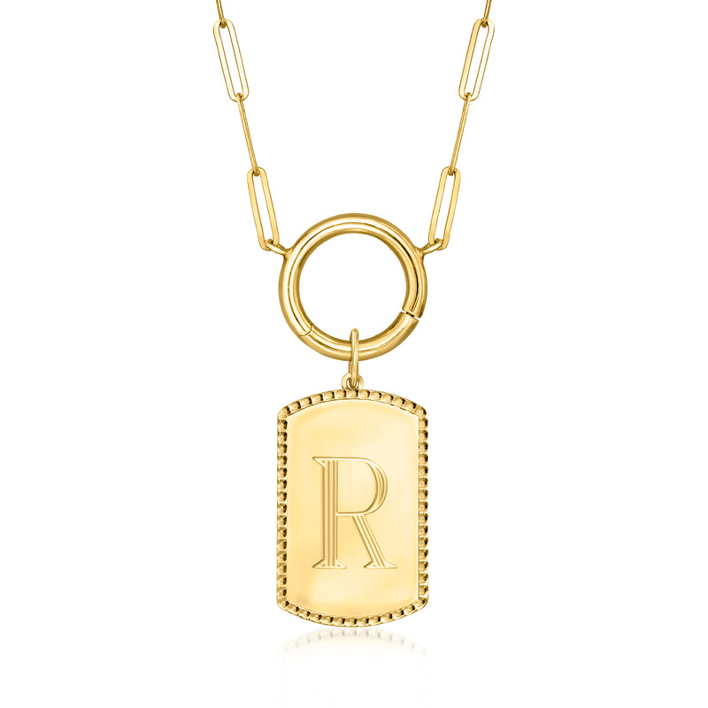 10kt yellow gold dog tag charm with letter R on round link necklace chain