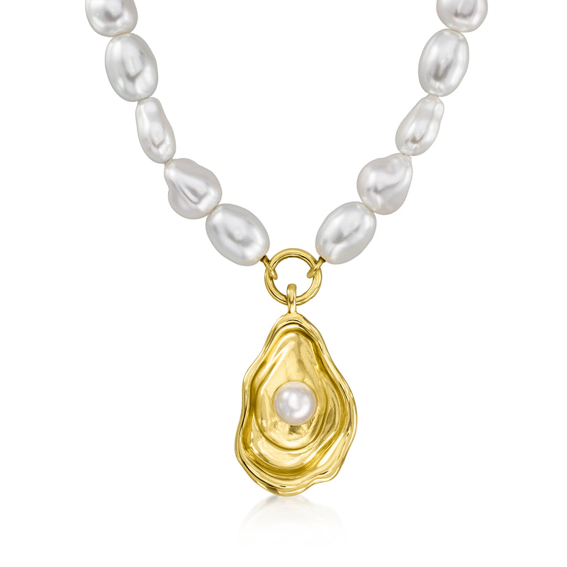 Gold seashell pendant necklace with white baroque pearl bead strand and bail