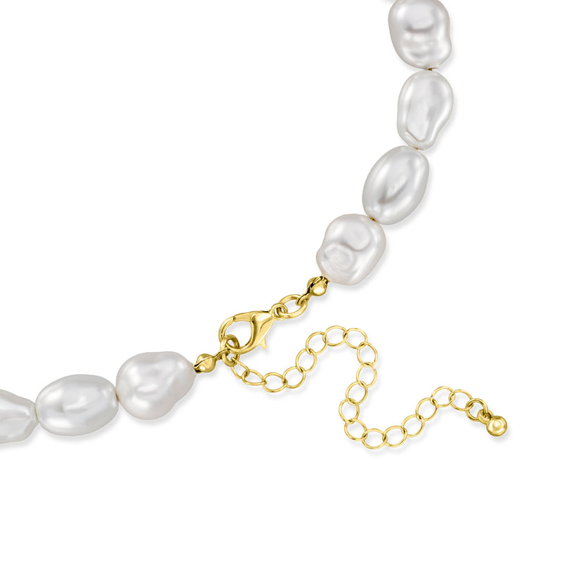 Gold-plated seashell necklace with white baroque pearl beads and link chain clasp