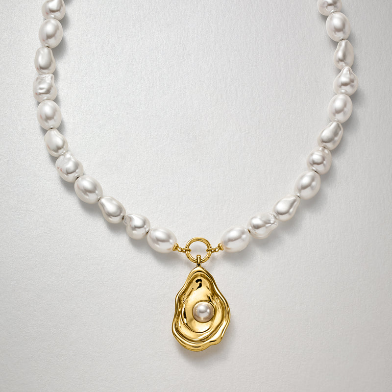 14kt Yellow Gold-Plated Seashell Necklace with Simulated Baroque Pearls