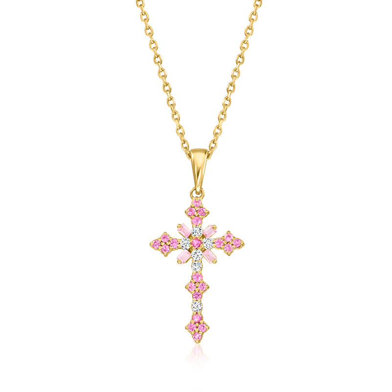 Pink sapphire cross pendant necklace in gold tone with pink gemstone accents on chain